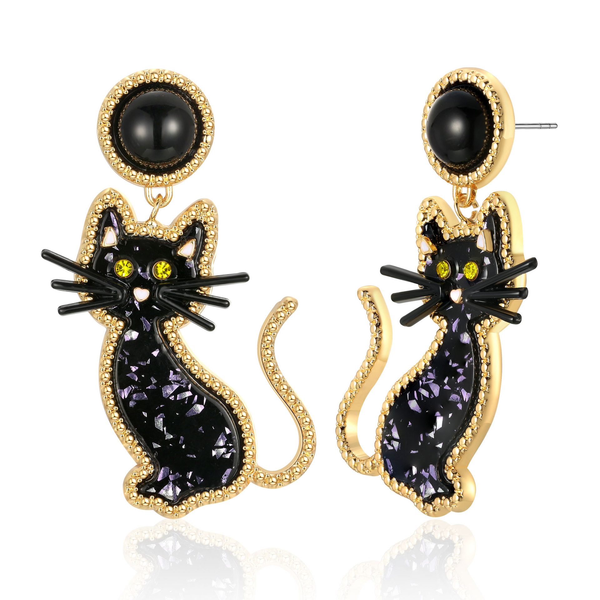 Whimsical Crystal Black Cat Drop Earrings in Copper with Gold Tone Accents
