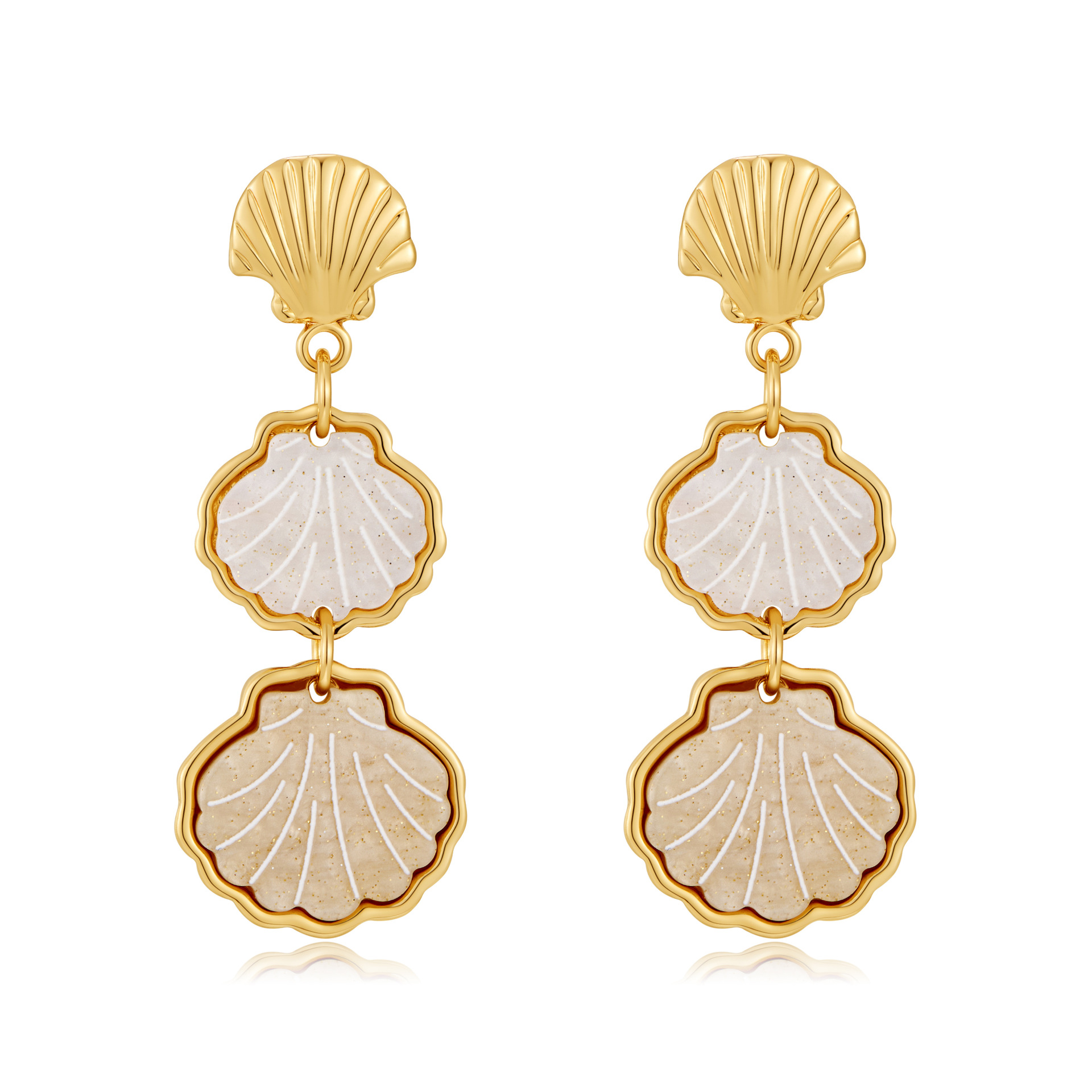 Triple-Layered Gold-Tone Seashell Drop Earrings with Irregular Textured Fillings