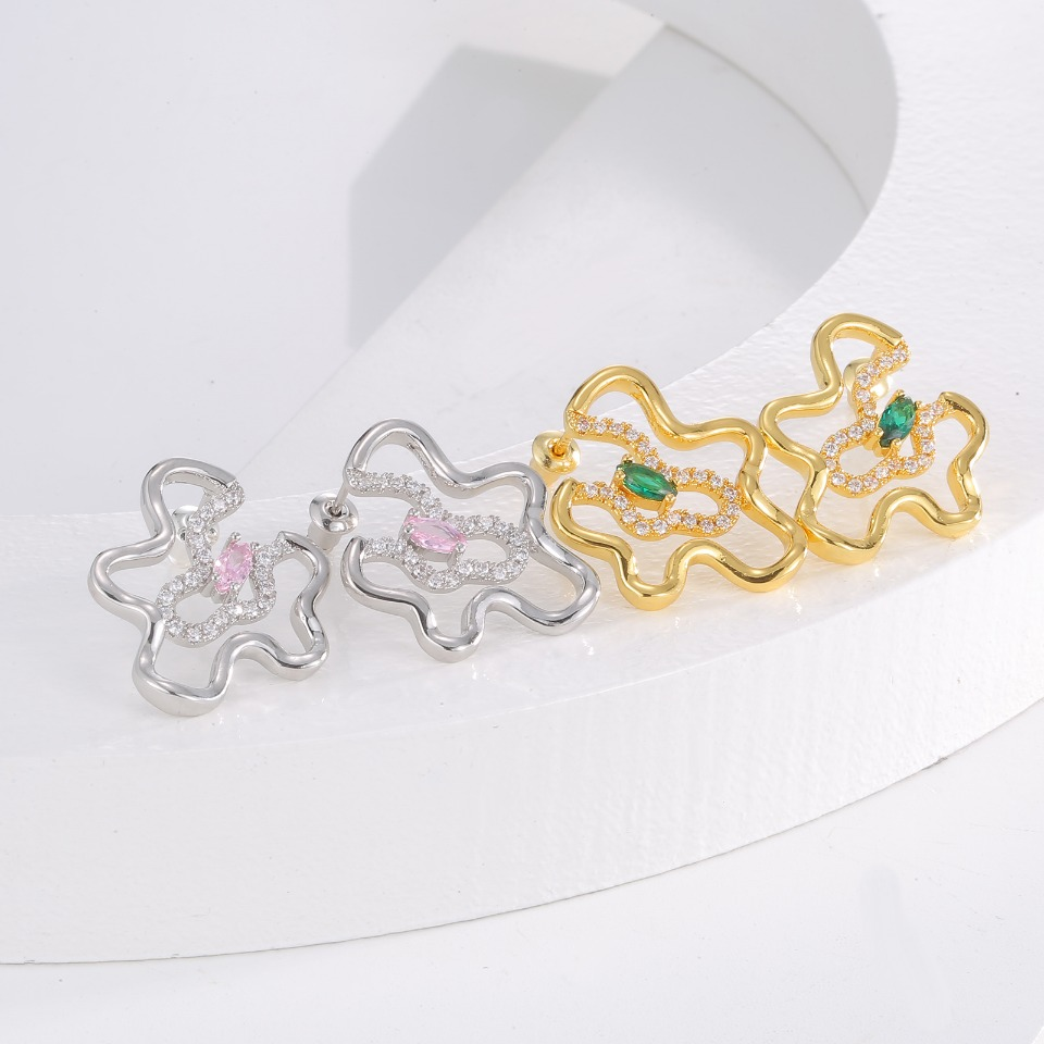 Gold - Toned Wavy - Line Stud Earrings with Marquise - Cut Emerald & Pave Diamonds