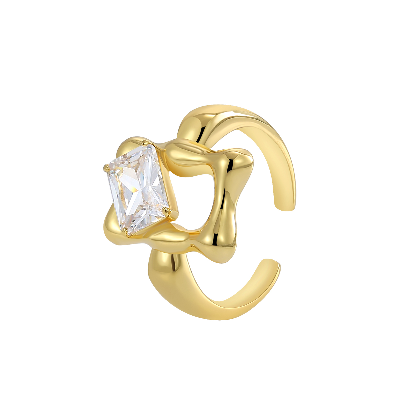 Gold-Plated Organic Fluid Cocktail Ring with Emerald-Cut Clear Cubic Zirconia