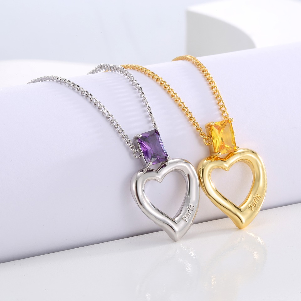 Gold-Tone Open Heart Pendant Necklace with Citrine Gemstone & Paris Engraving