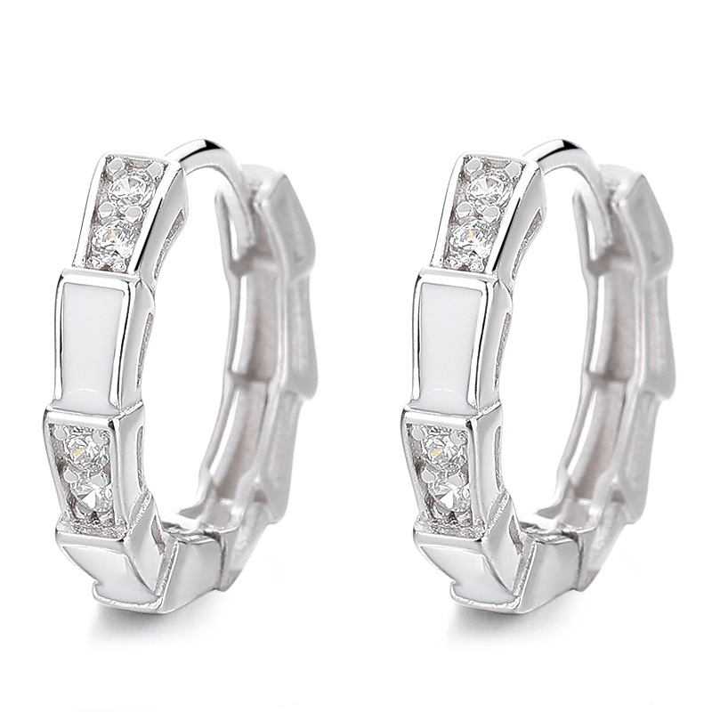 Sterling Silver Geometric Square Huggie Hoop Earrings with Pave Cubic Zirconia