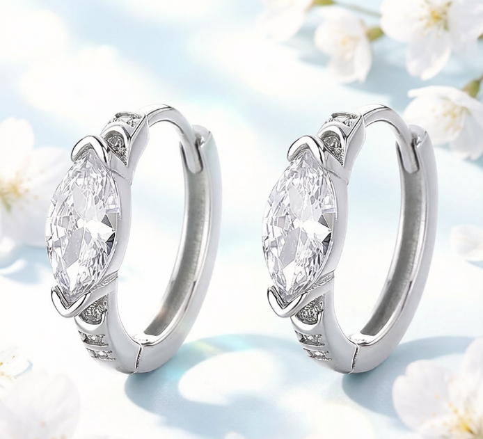 Sterling Silver Pear-Cut Cubic Zirconia Huggie Hoop Earrings