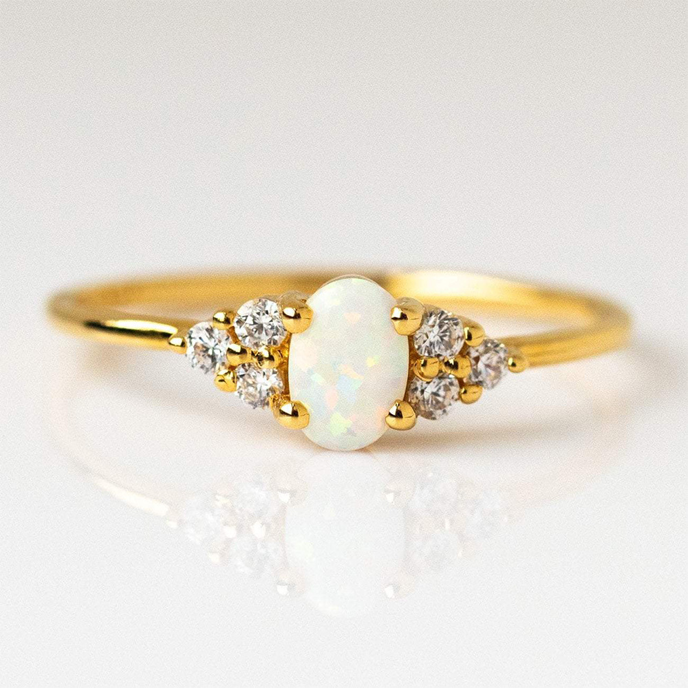 Gold Plated Oval Opal and Cubic Zirconia Cluster Ring