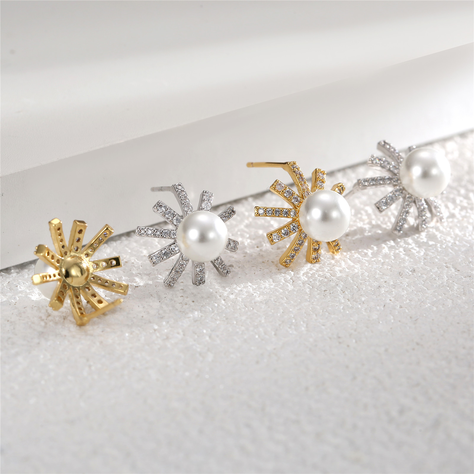 Radiant Sunburst Pearl & Cubic Zirconia Earrings in Gold - Plated Design