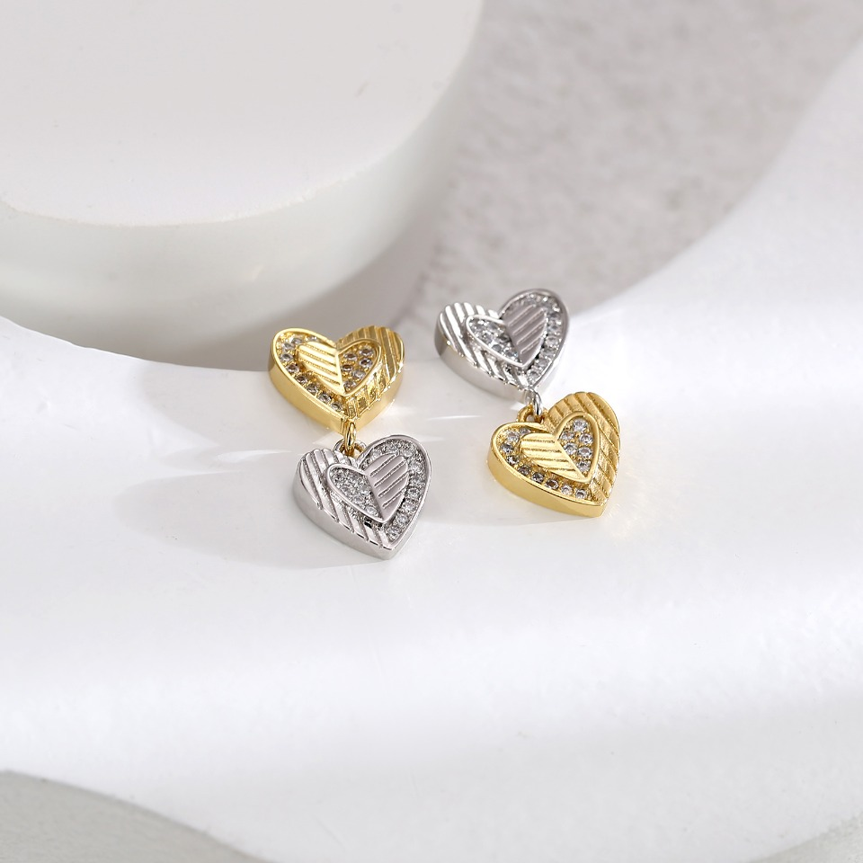 Two - Tone Gold & Silver Heart - Shaped Drop Earrings with Pave Diamonds