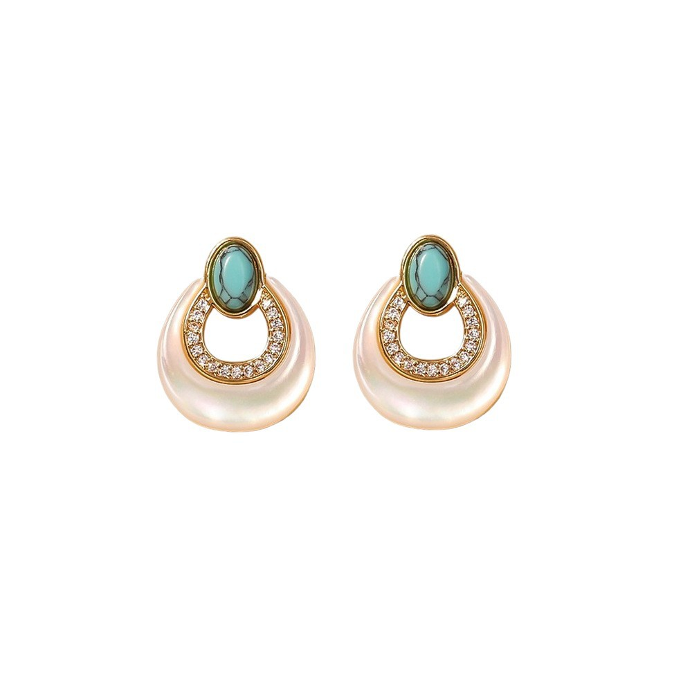 Gold Plated Copper Drop Earrings with Turquoise Inlay and Simulated Pearl