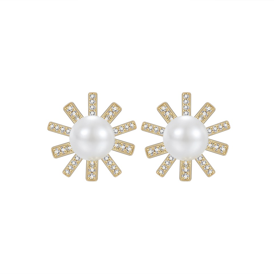 Radiant Sunburst Pearl & Cubic Zirconia Earrings in Gold - Plated Design