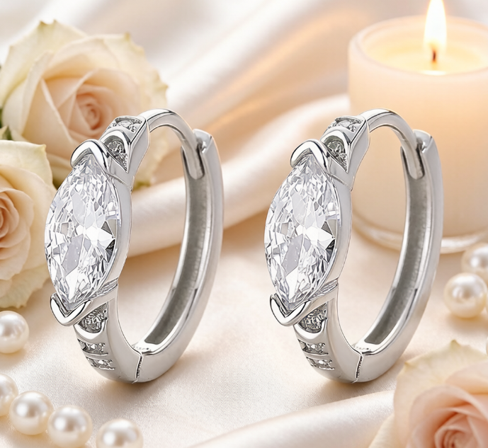 Sterling Silver Pear-Cut Cubic Zirconia Huggie Hoop Earrings