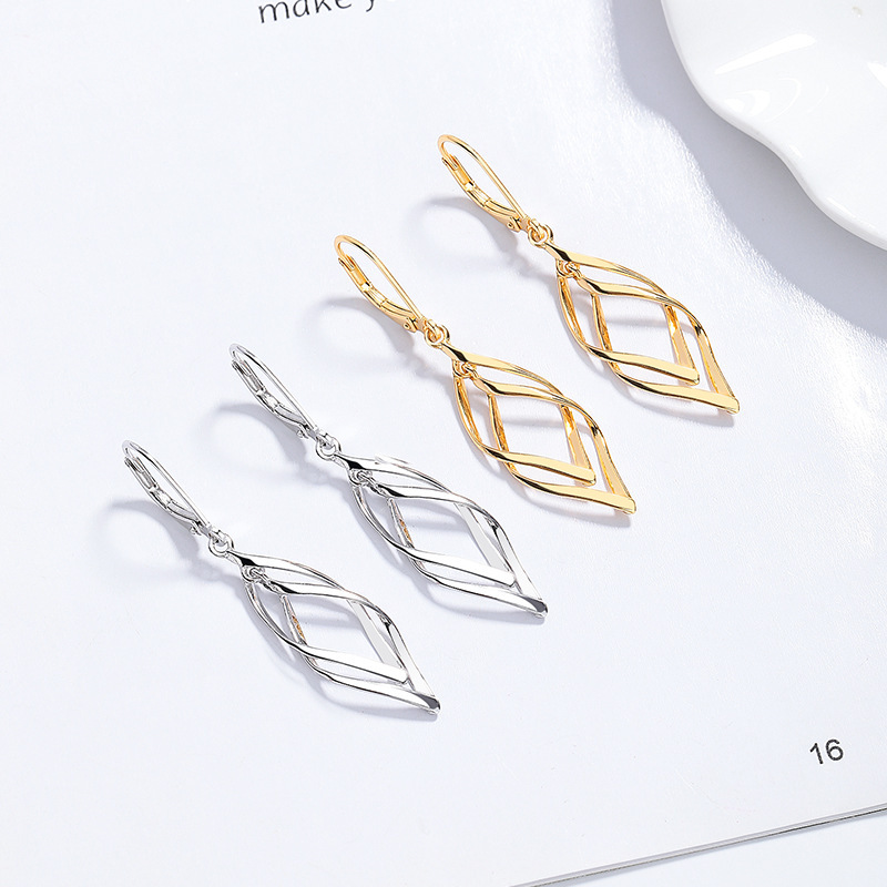 Elegant Sterling Silver Twisted Drop Earrings with Geometric Diamond Shape