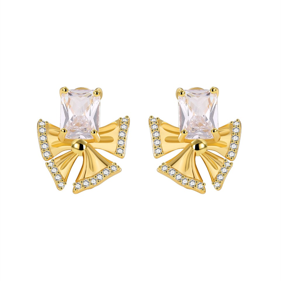 Golden Bow - Shaped Stud Earrings with Emerald - Cut Gemstone and Pavé Diamonds