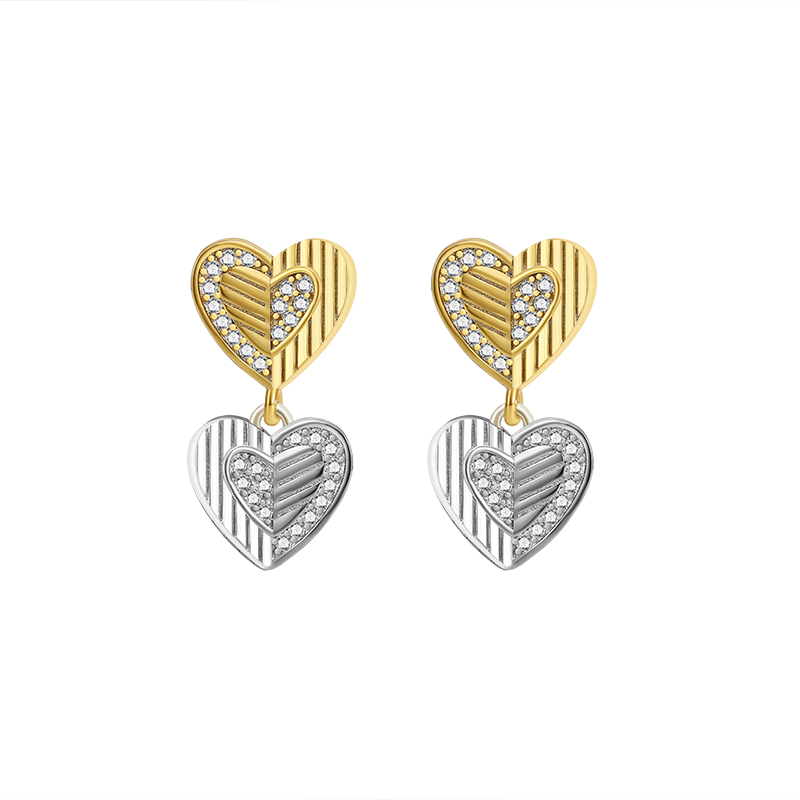 Two - Tone Gold & Silver Heart - Shaped Drop Earrings with Pave Diamonds