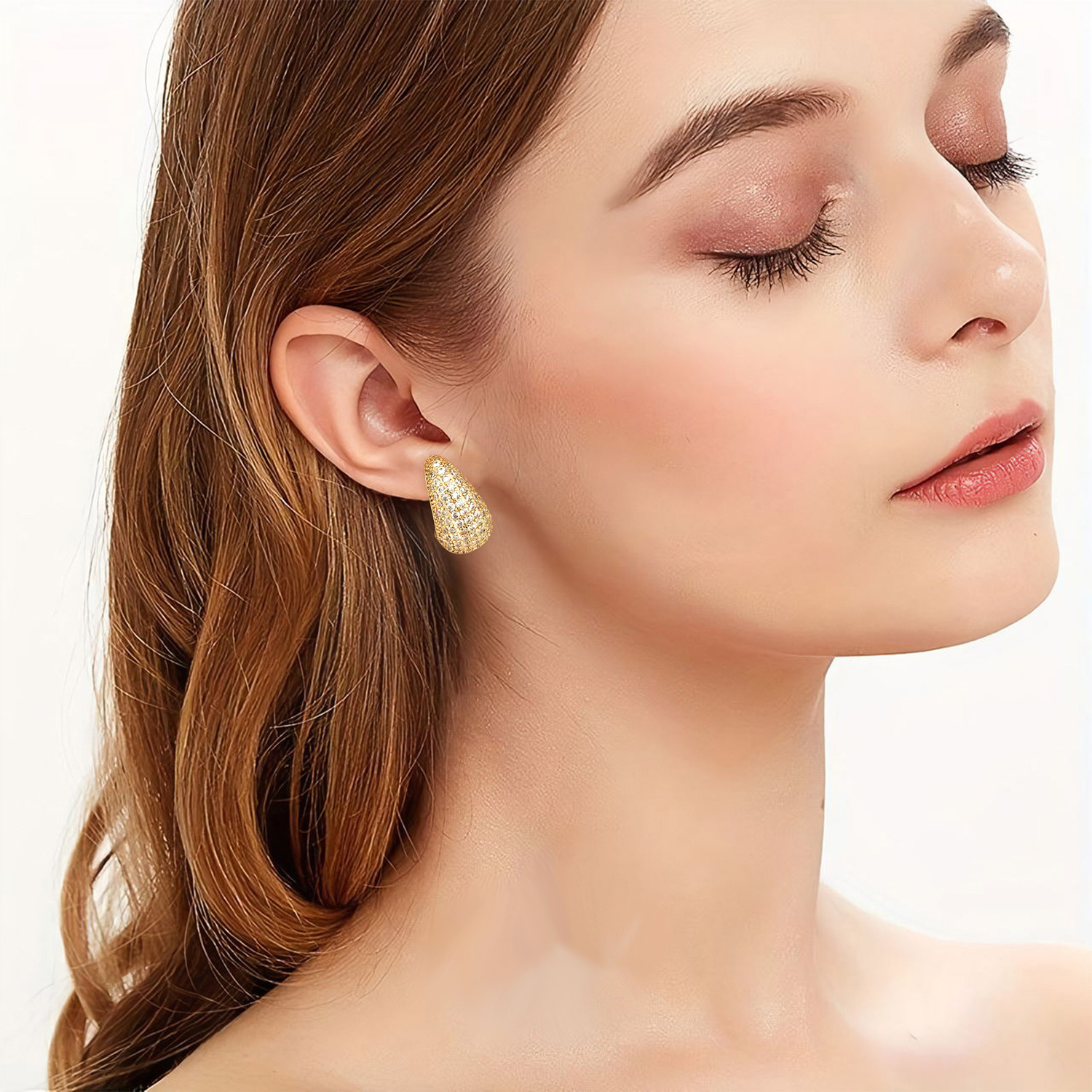 Luxurious Gold-Tone Teardrop Pave Zirconia Hoop Earrings in Copper