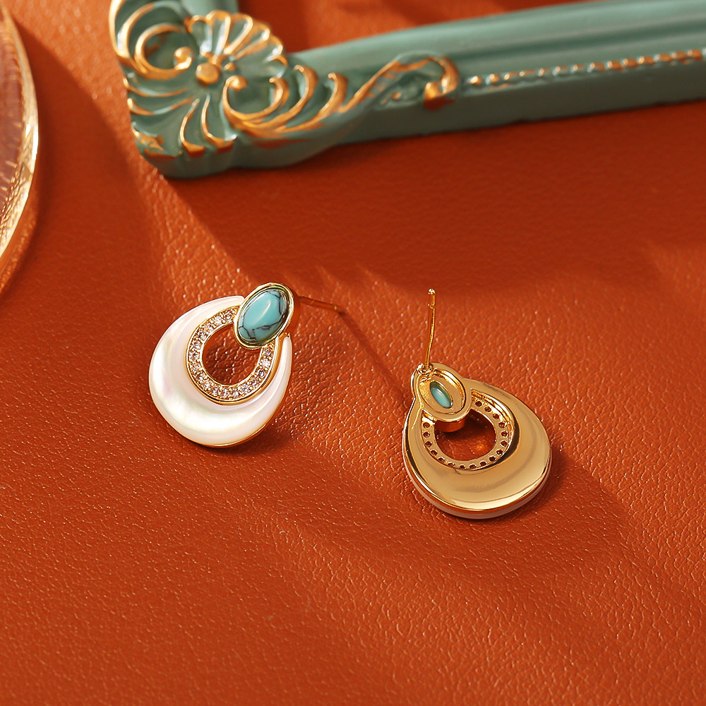 Gold Plated Copper Drop Earrings with Turquoise Inlay and Simulated Pearl