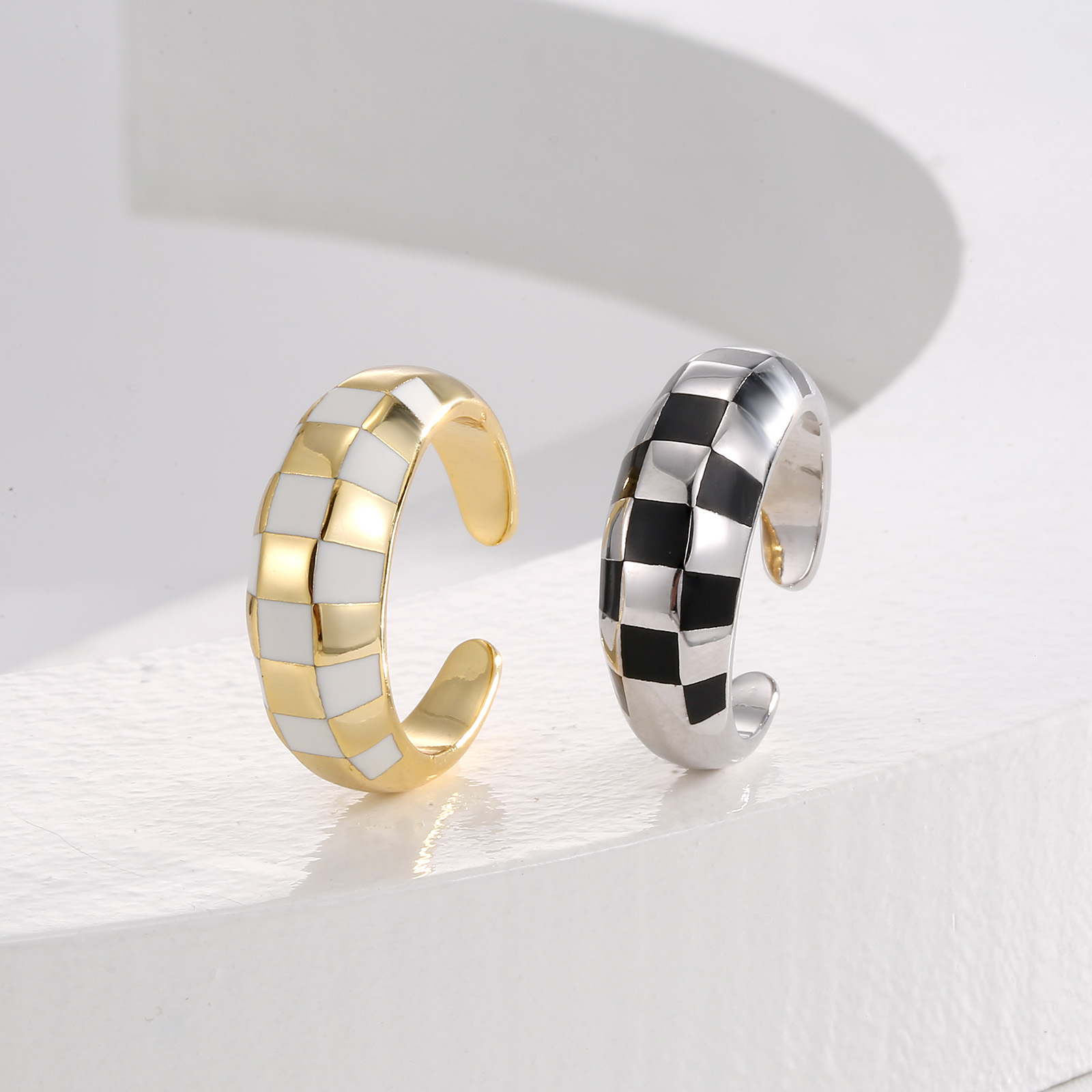 Gold-Plated Checkerboard Open Cuff Ring with White Enamel Inlay