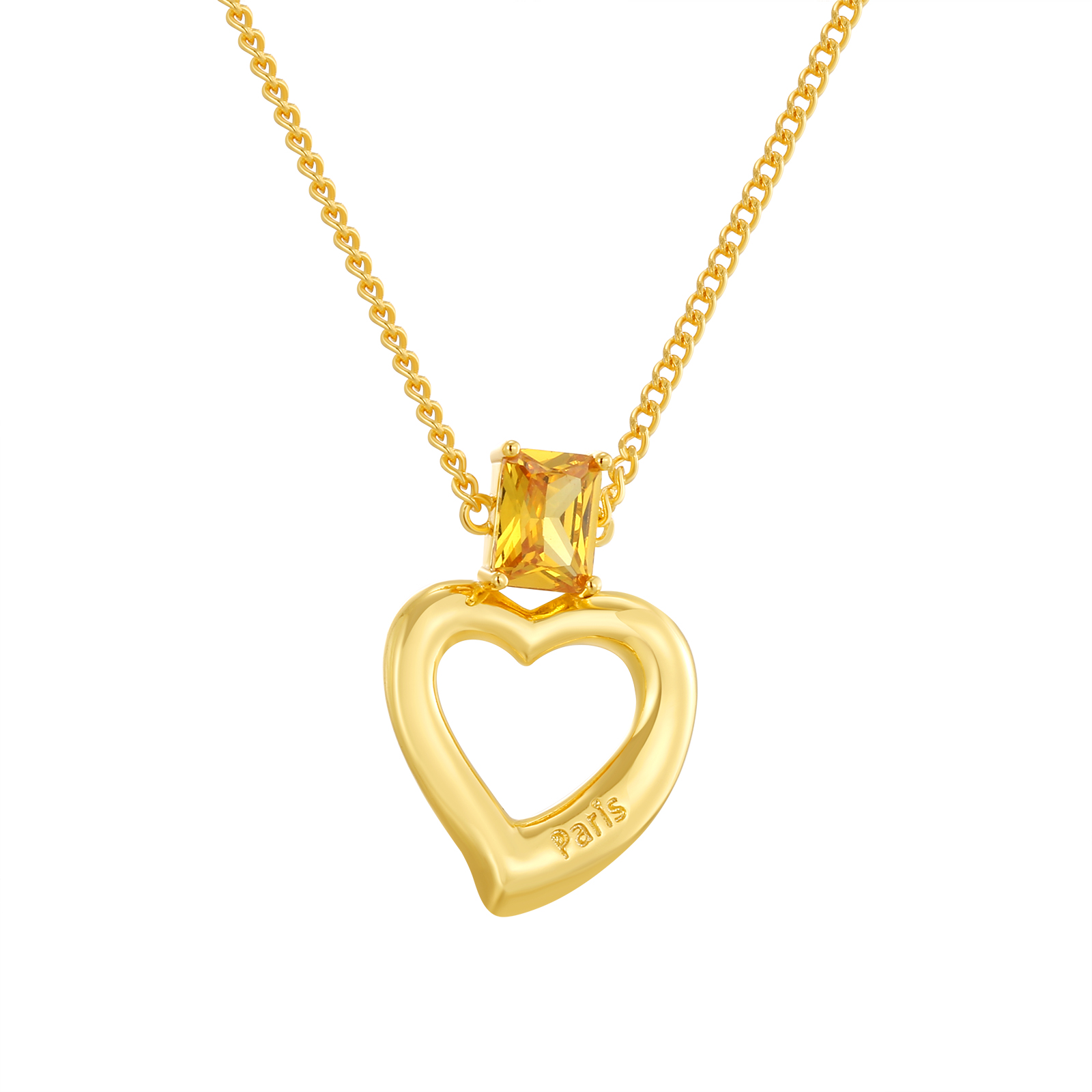Gold-Tone Open Heart Pendant Necklace with Citrine Gemstone & Paris Engraving
