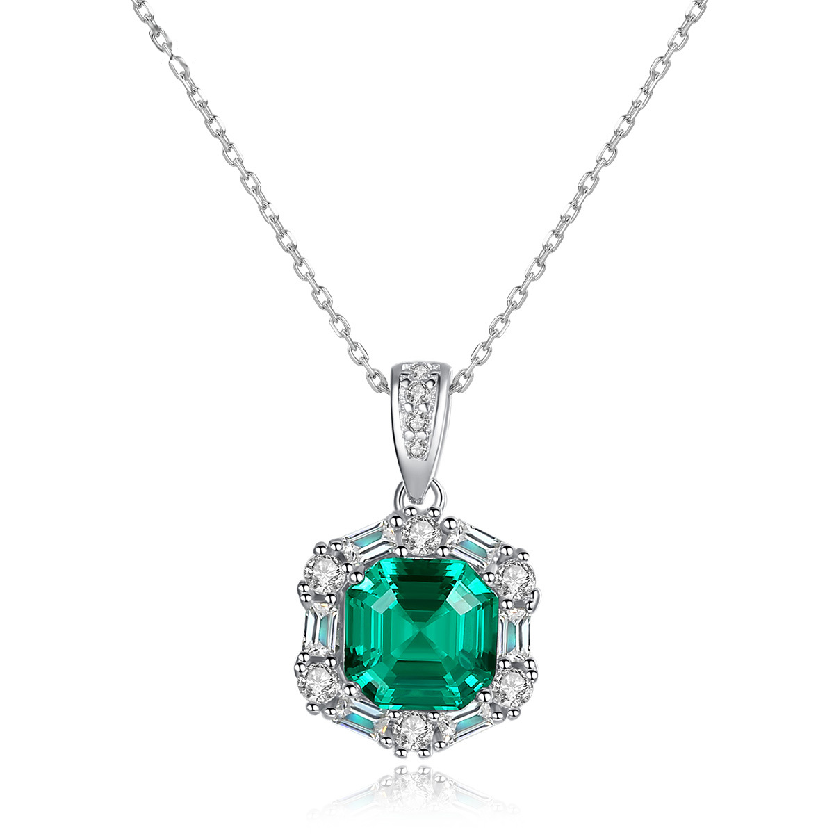 Emerald Green Square Halo Pendant Necklace