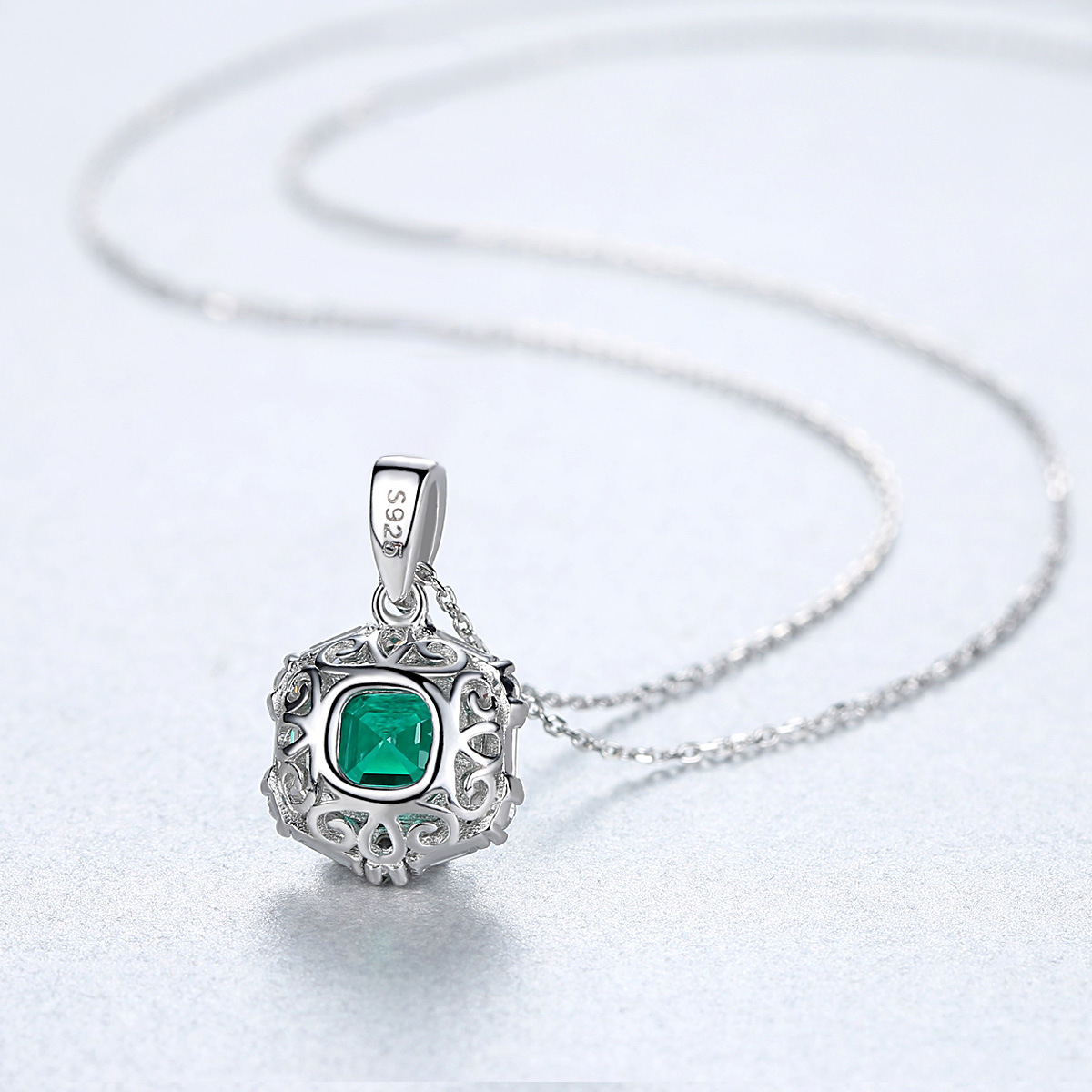 Emerald Green Square Halo Pendant Necklace