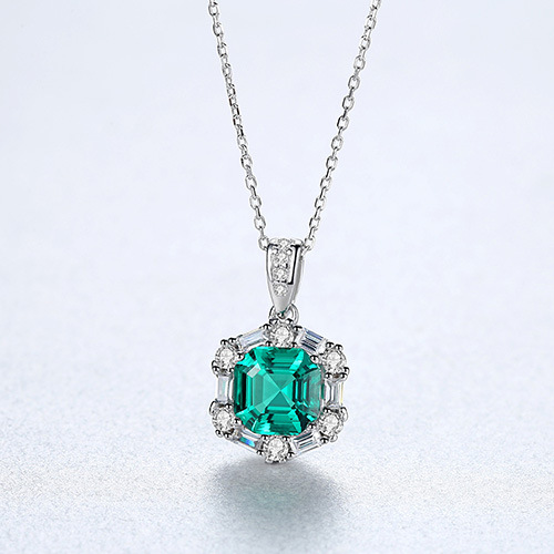 Emerald Green Square Halo Pendant Necklace