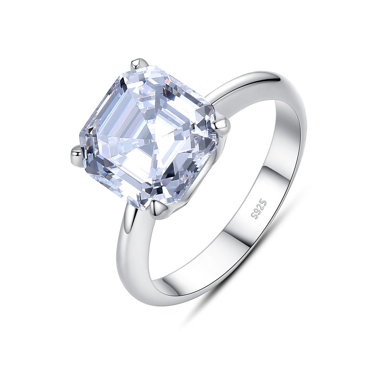 S925 Sterling Silver Emerald Cut Clear Cubic Zirconia Solitaire Ring