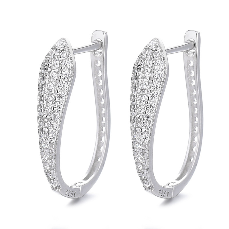 S925 Sterling Silver Pave Diamond-Cut Oval Huggie Hoop Earrings