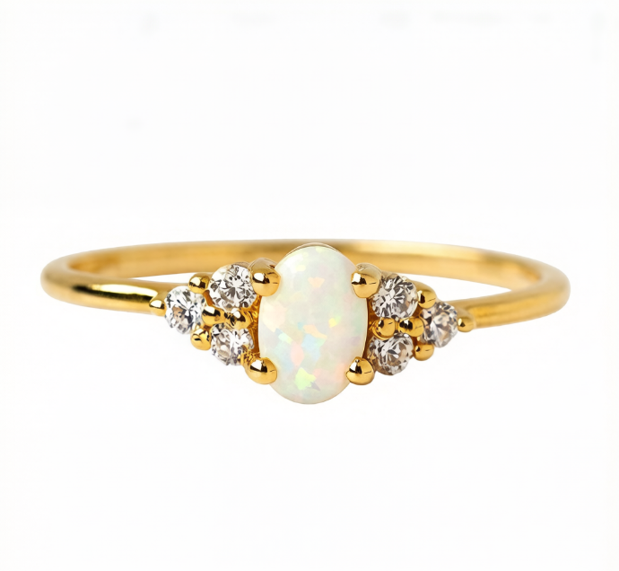 Gold Plated Oval Opal and Cubic Zirconia Cluster Ring