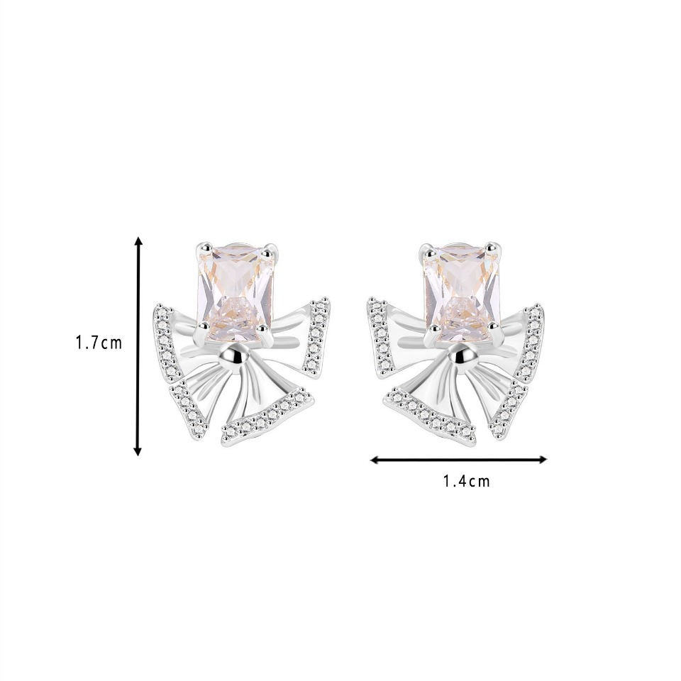 Golden Bow - Shaped Stud Earrings with Emerald - Cut Gemstone and Pavé Diamonds
