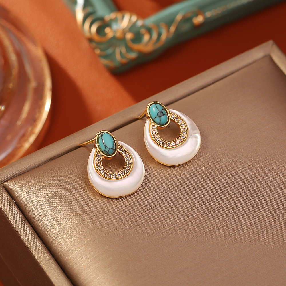 Gold Plated Copper Drop Earrings with Turquoise Inlay and Simulated Pearl