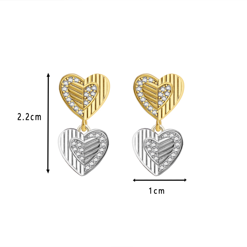 Two - Tone Gold & Silver Heart - Shaped Drop Earrings with Pave Diamonds