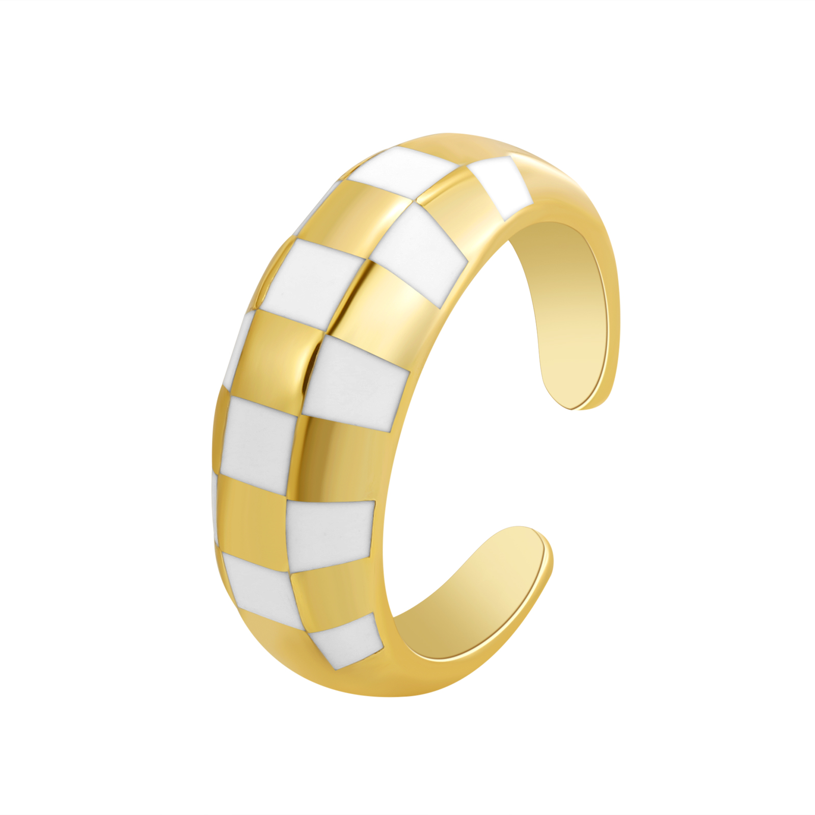 Gold-Plated Checkerboard Open Cuff Ring with White Enamel Inlay