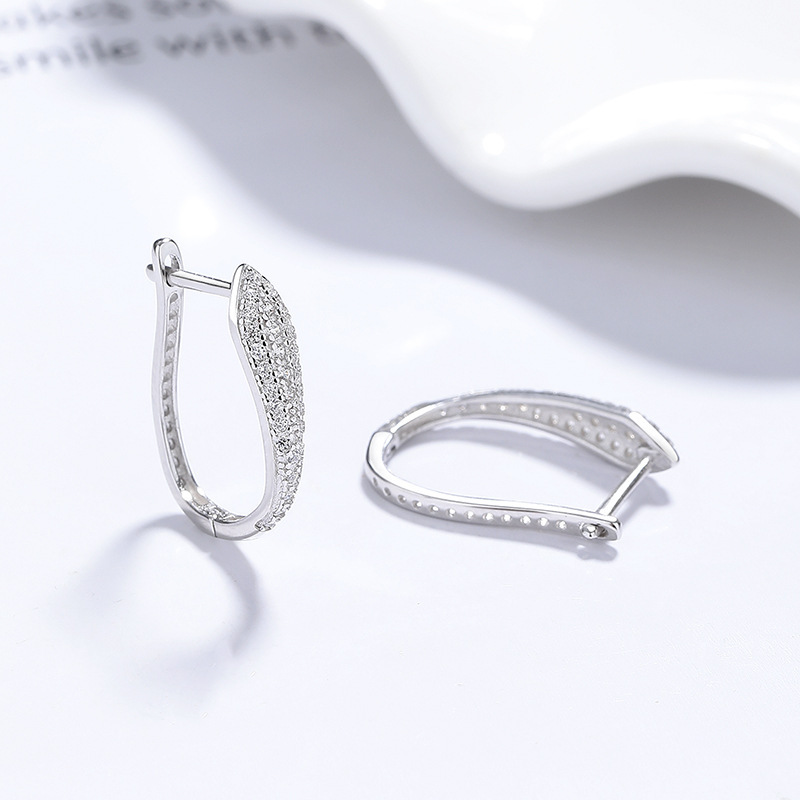 S925 Sterling Silver Pave Diamond-Cut Oval Huggie Hoop Earrings