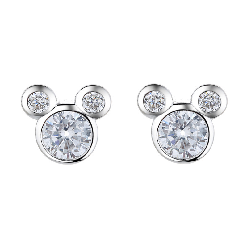 Sparkling Cubic Zirconia Mickey Mouse Head Stud Earrings in Silver Tone