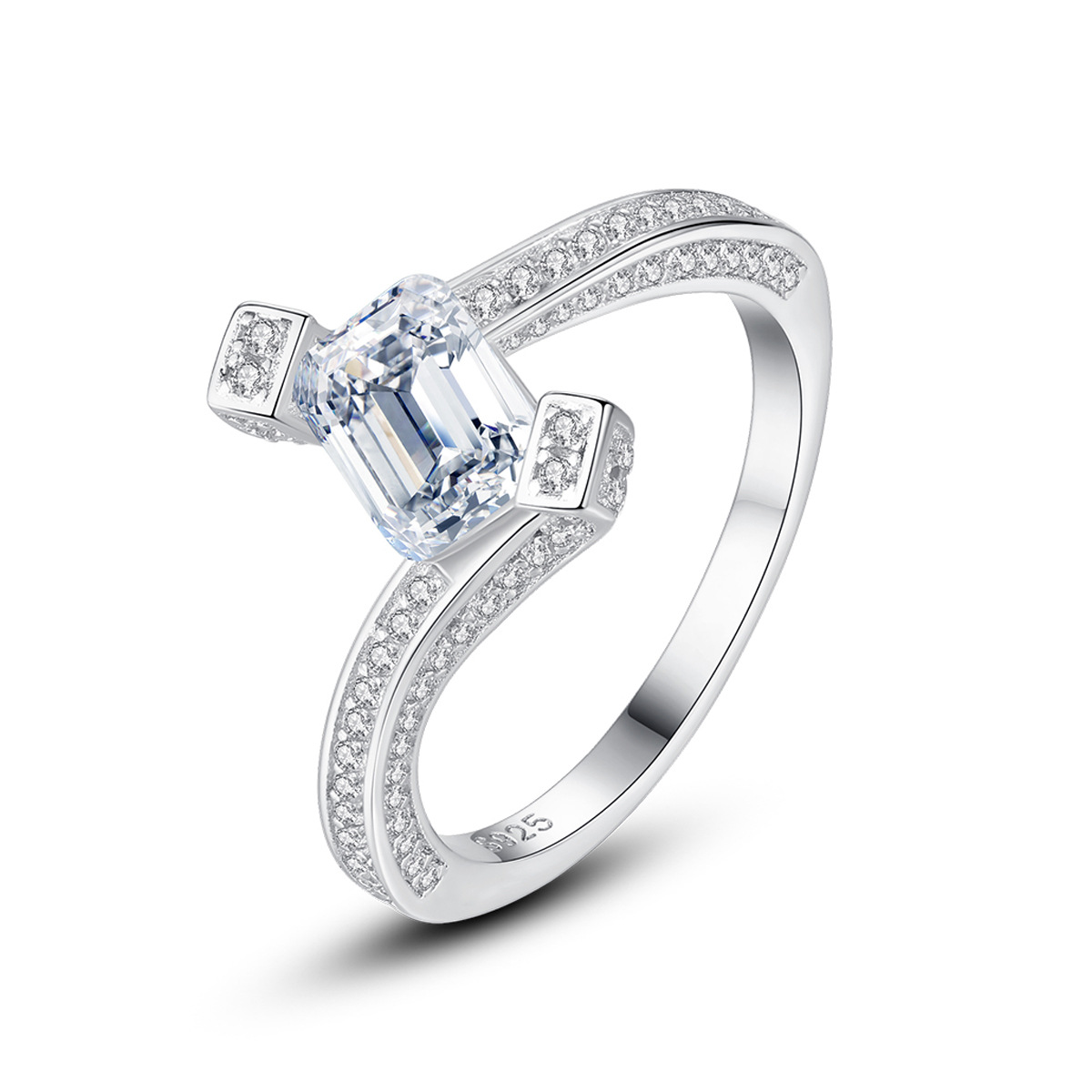 Emerald Cut Cubic Zirconia Halo Split Shank Ring in Sterling Silver
