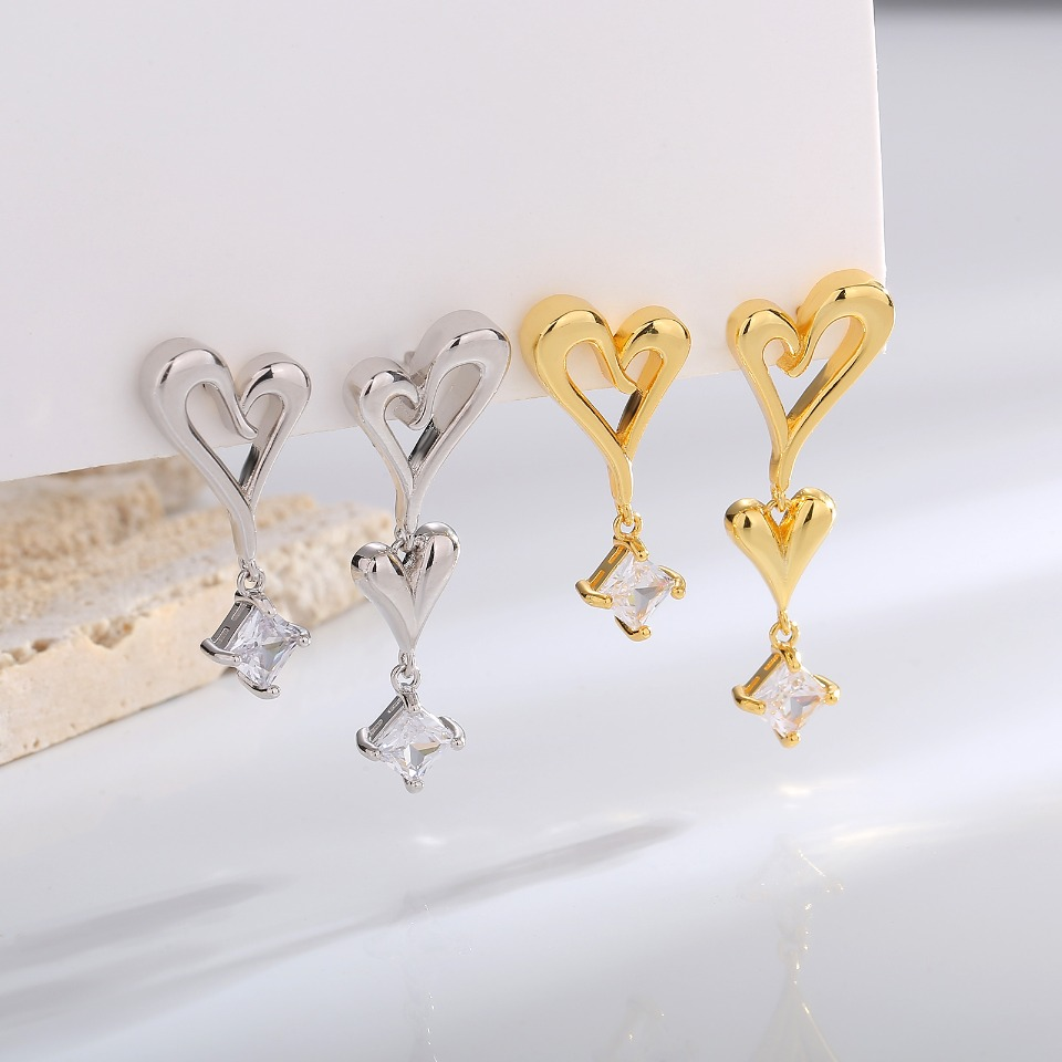 Golden Interlocking Heart Drop Earrings with Princess - Cut Gemstone