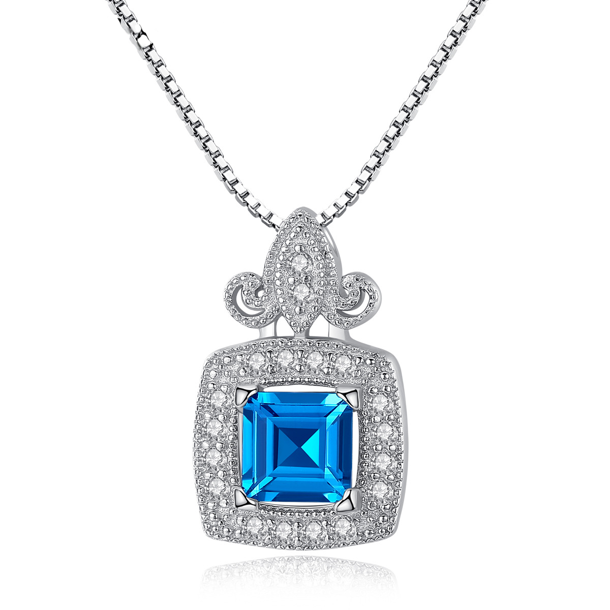Sterling Silver Princess Cut Blue Topaz Pendant Necklace with Crown Design