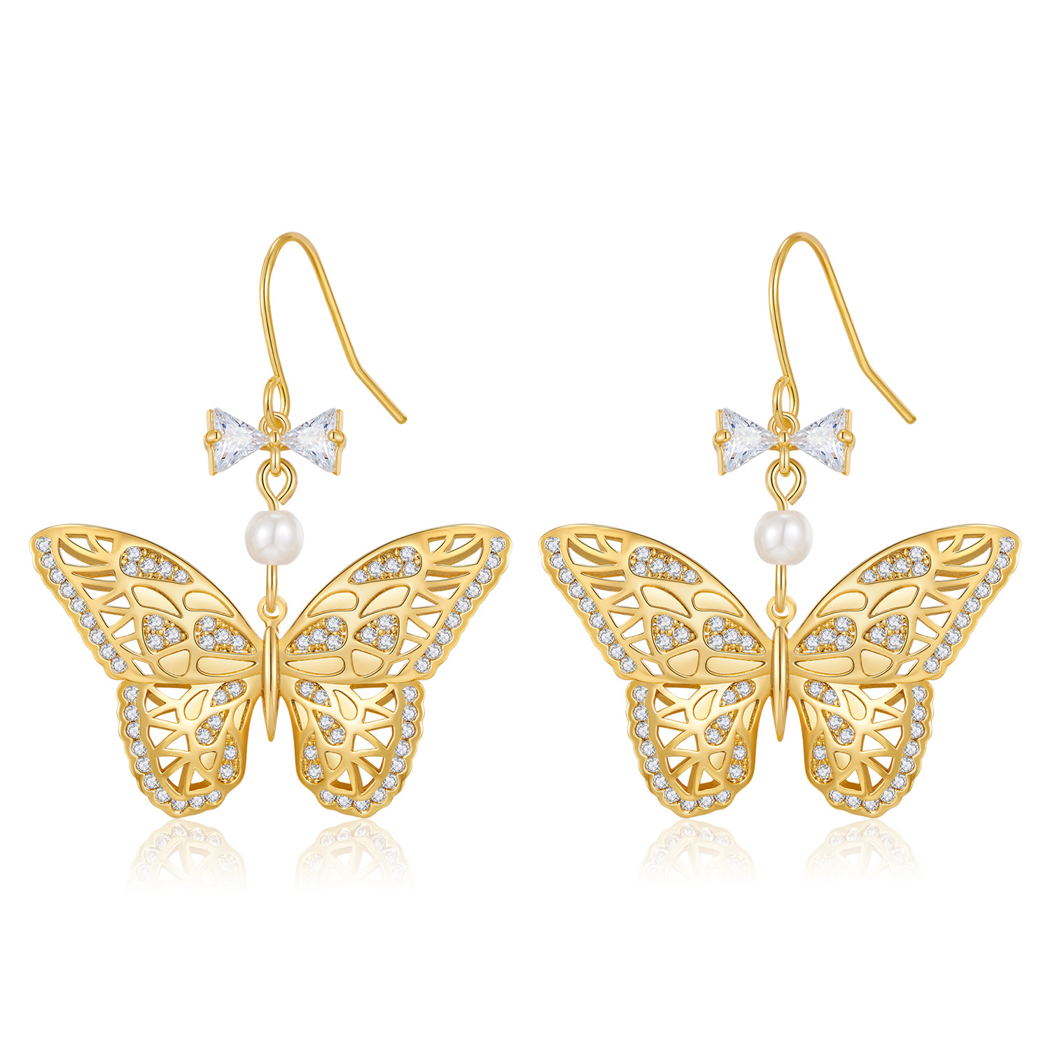 Elegant Gold-Tone Butterfly Drop Earrings with Crystals and Simulated Pearl in Copper
