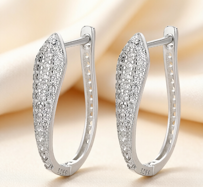 S925 Sterling Silver Pave Diamond-Cut Oval Huggie Hoop Earrings
