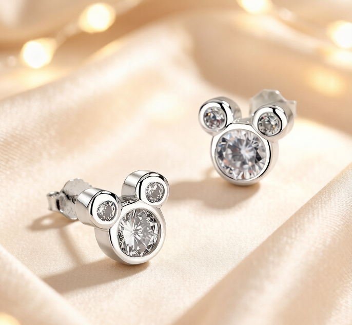 Sparkling Cubic Zirconia Mickey Mouse Head Stud Earrings in Silver Tone