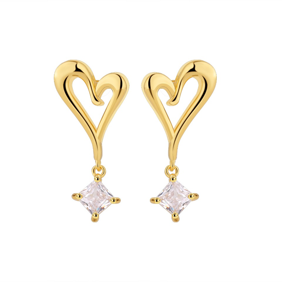 Golden Interlocking Heart Drop Earrings with Princess - Cut Gemstone