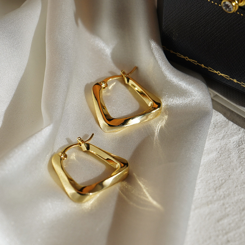 Modern Twisted Square Hoop Earrings - Polished Gold Copper Statement Earrings for Women