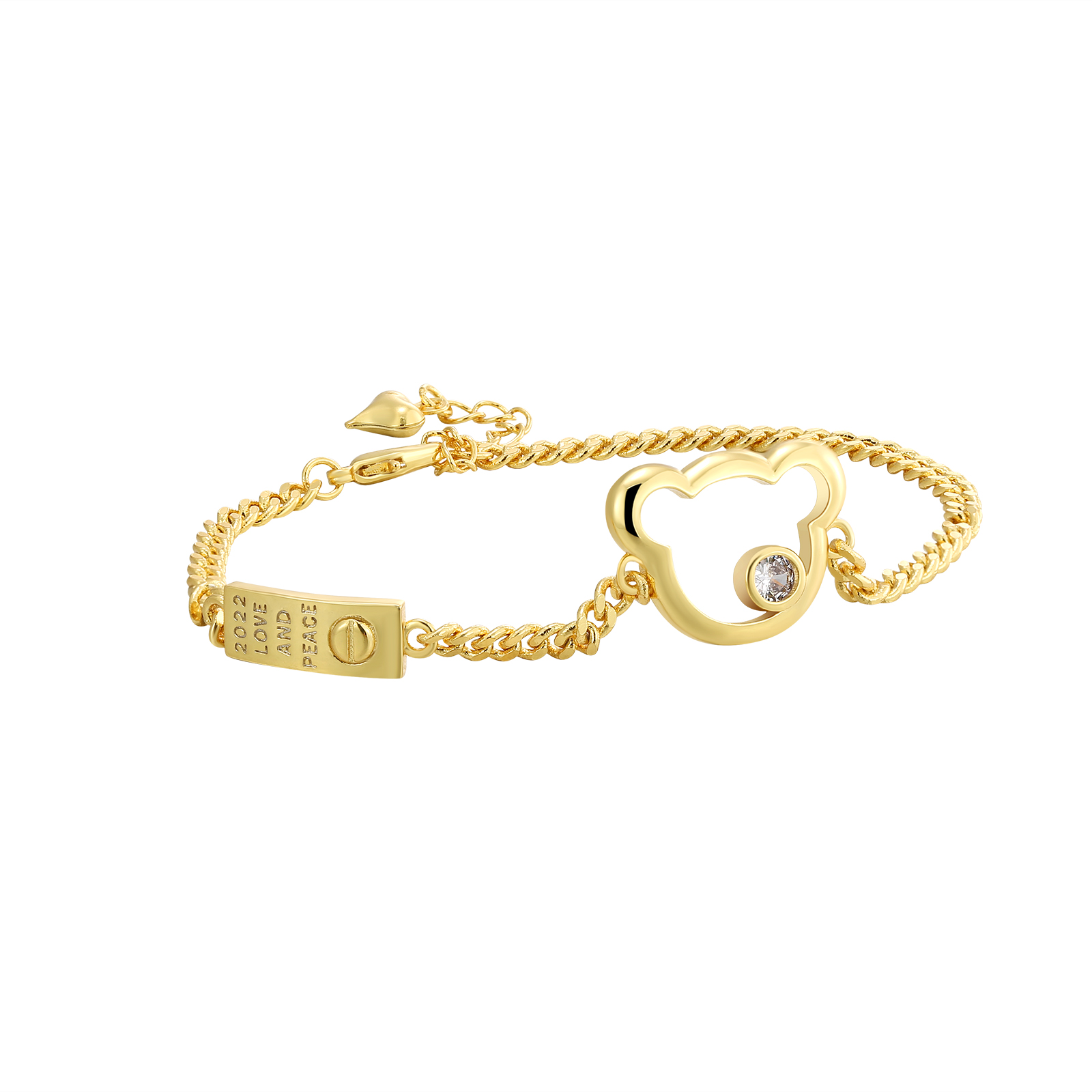 Gold-Tone Teddy Bear Charm Bracelet with Engraved 2022 Love & Peace Bar