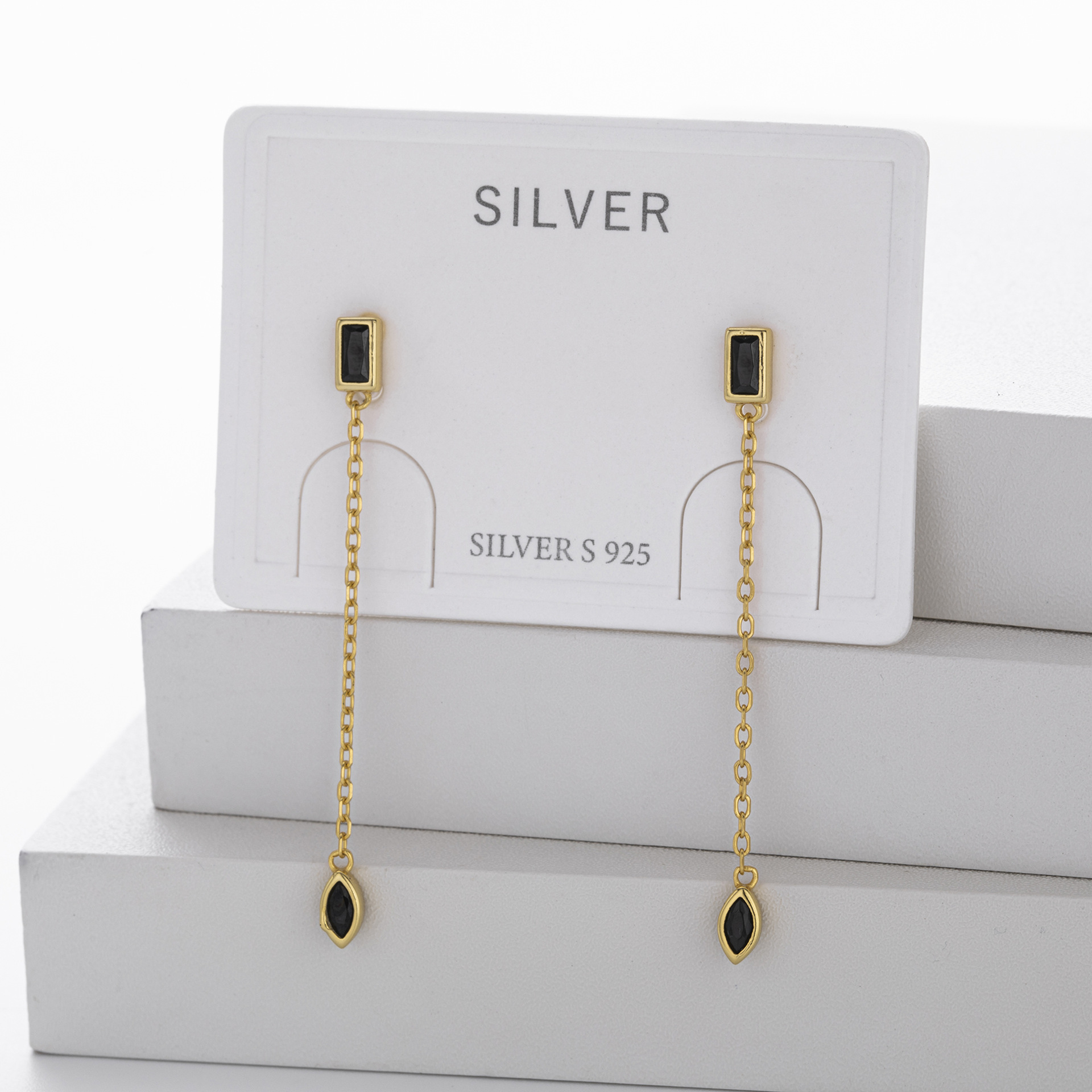 Elegant 925 Sterling Silver Chain Drop Earrings with Black Onyx