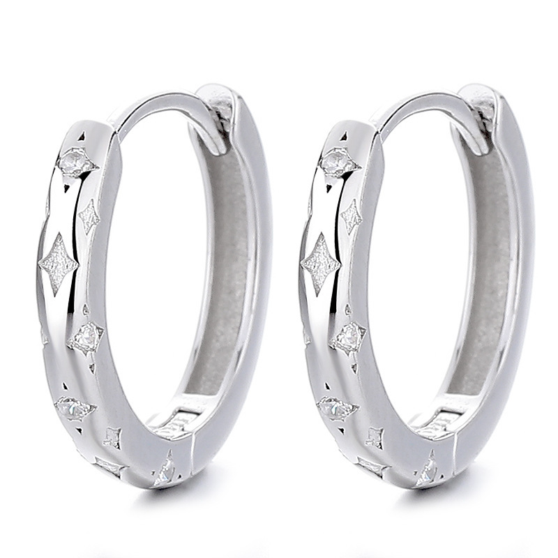 S925 Sterling Silver Geometric Pave Huggie Hoop Earrings