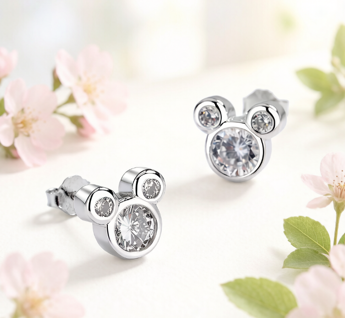 Sparkling Cubic Zirconia Mickey Mouse Head Stud Earrings in Silver Tone