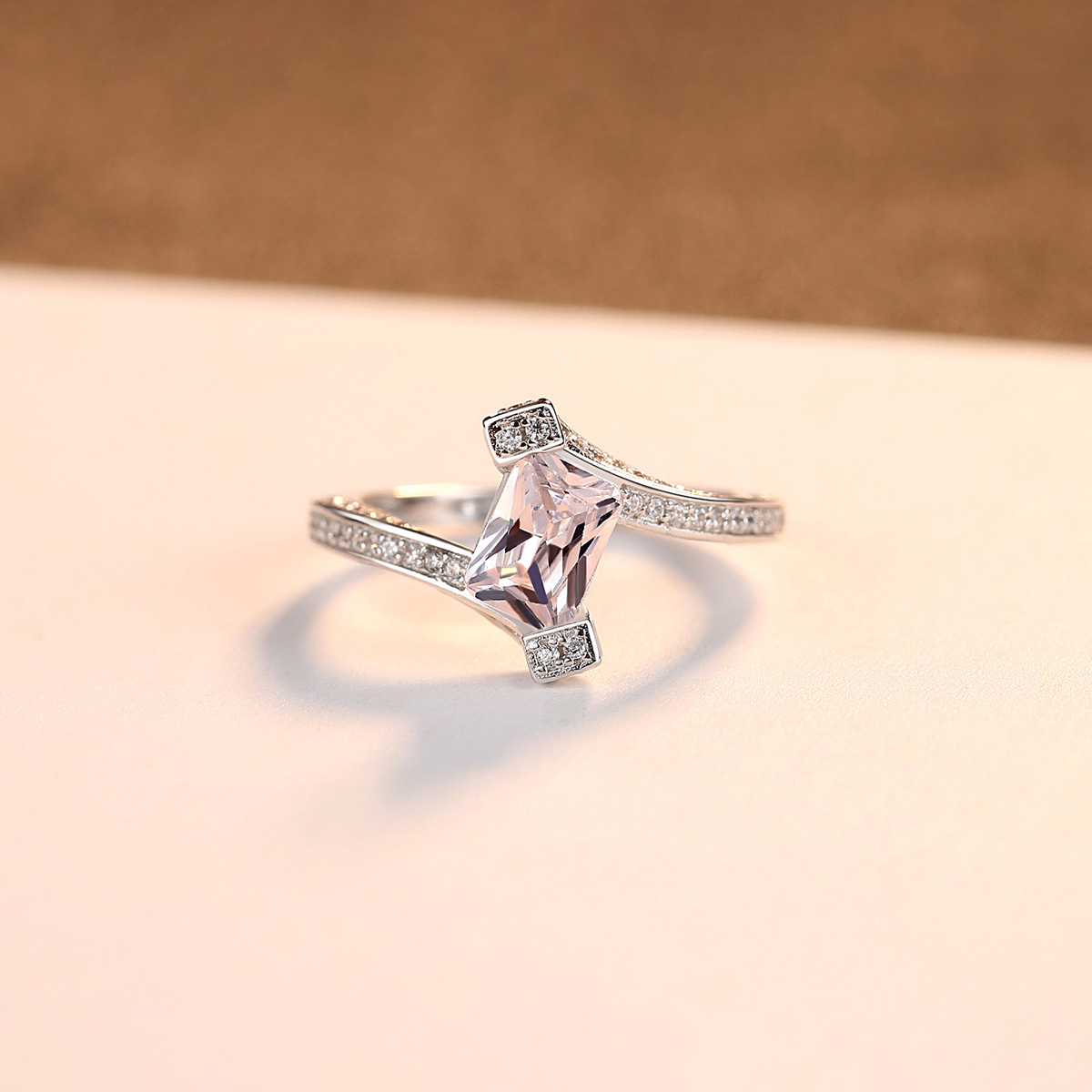 Emerald Cut Cubic Zirconia Halo Split Shank Ring in Sterling Silver