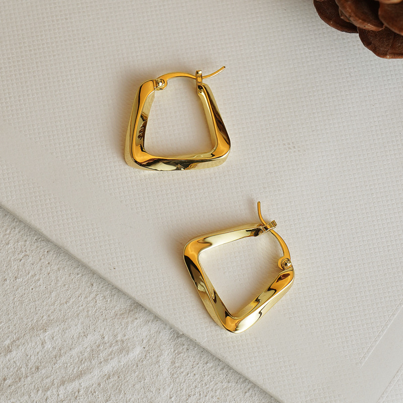 Modern Twisted Square Hoop Earrings - Polished Gold Copper Statement Earrings for Women