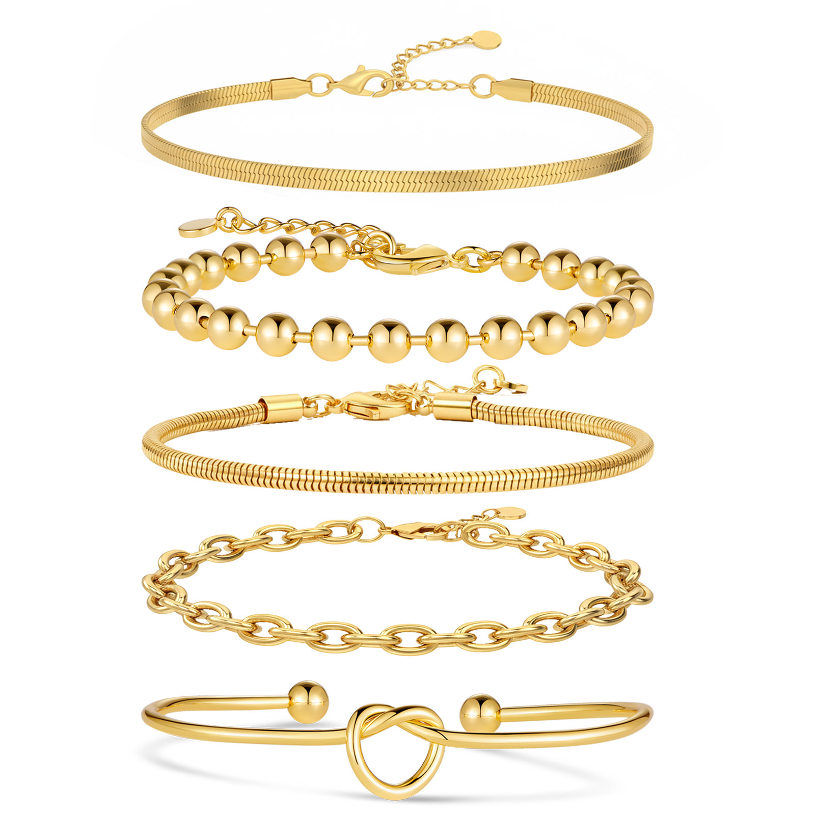 5-Piece Gold Plated Copper Bracelet Set - Mixed Styles Snake Chain, Beaded, and Knotted Cuff Bracelets for Women