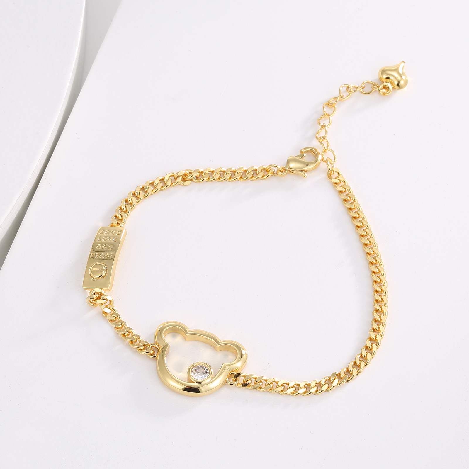 Gold-Tone Teddy Bear Charm Bracelet with Engraved 2022 Love & Peace Bar