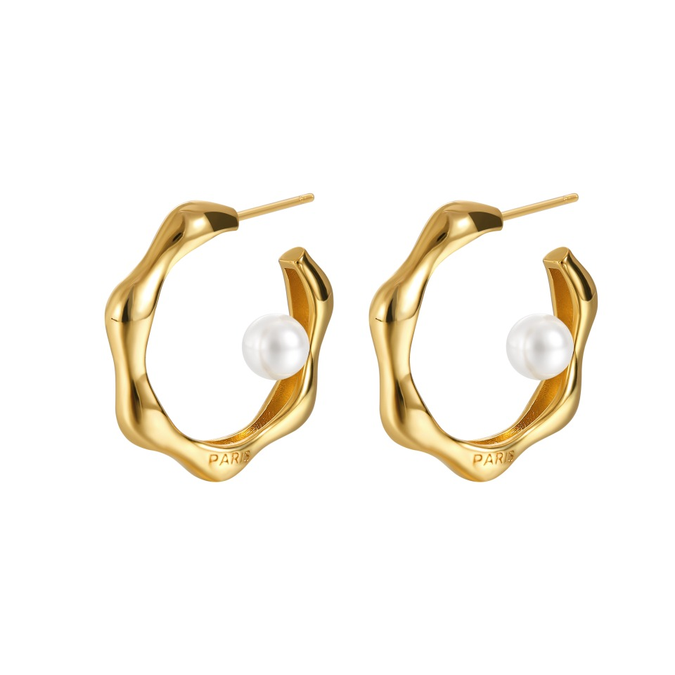Gold Plated Wavy Hoop Earrings with Pearl