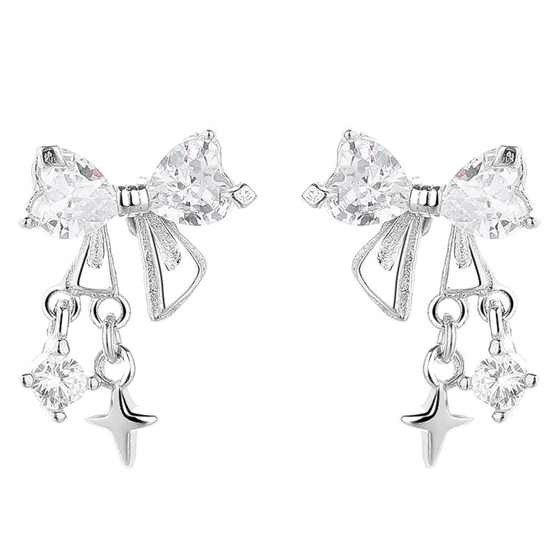Elegant Bowknot Star Drop Earrings with Cubic Zirconia in Silver Tone